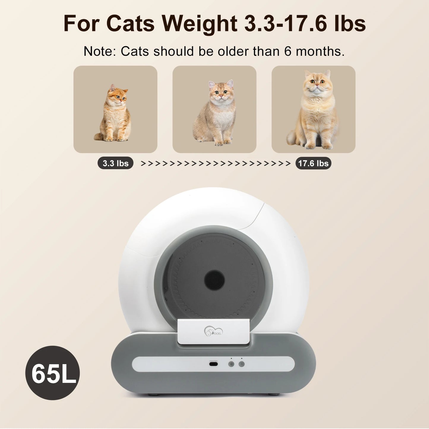 DOEL 65L Smart Self-Cleaning Cat Litter Box, App Control, 2.4G WiFi